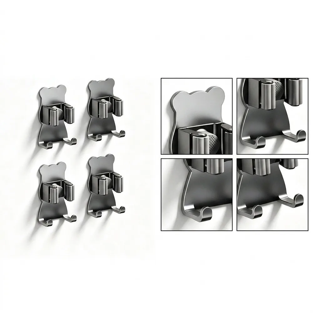 Automatic Clamping Mop Holder Double Hooks Non Punching Glue On Wall Rack For Broom Brush Storage Bathroom Kitchen Gadgets