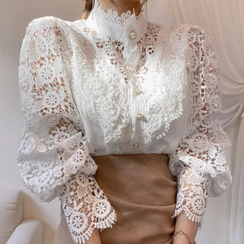 Elegant Women Pleated Blouse Hollow Out Floral Lace Button Turtleneck Shirt Fashion Fluffy Femme Tops Blouses