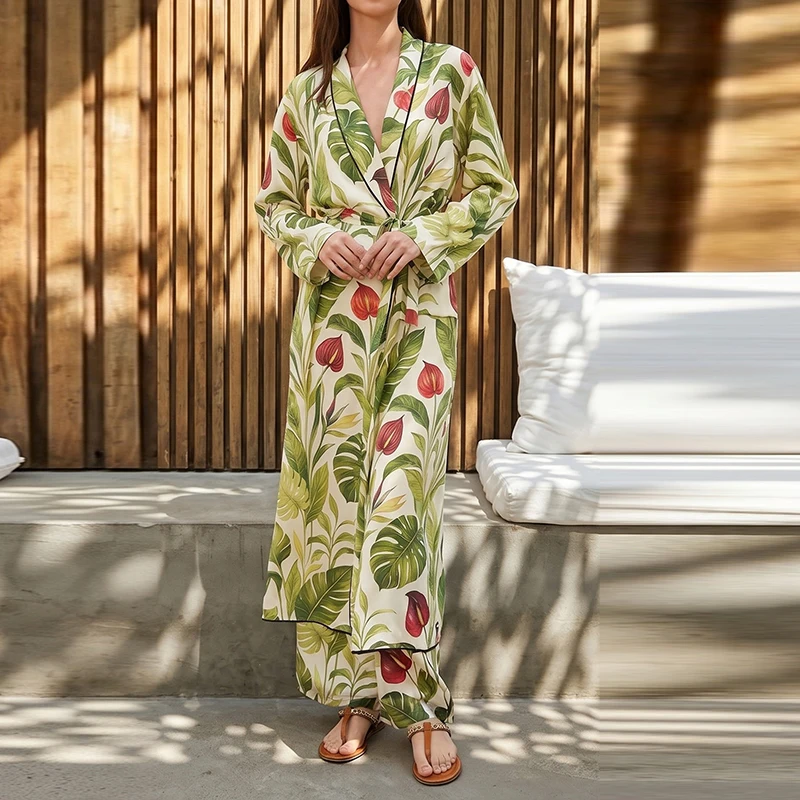 Bohemian Style Pattern Printed Outfits Summer Long Sleeve Loose Cardigans&Pants Sets Casual Women's Beach Vacation Two Piece Set