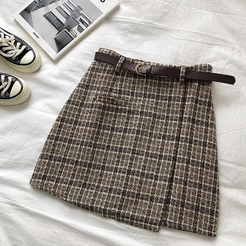 Korean High Waist Tweed Mini Skirt Women Autumn Winter Thicken Korean Slimming Plaid Skirts New Y2K Fashion Sashes A-Line Shirt