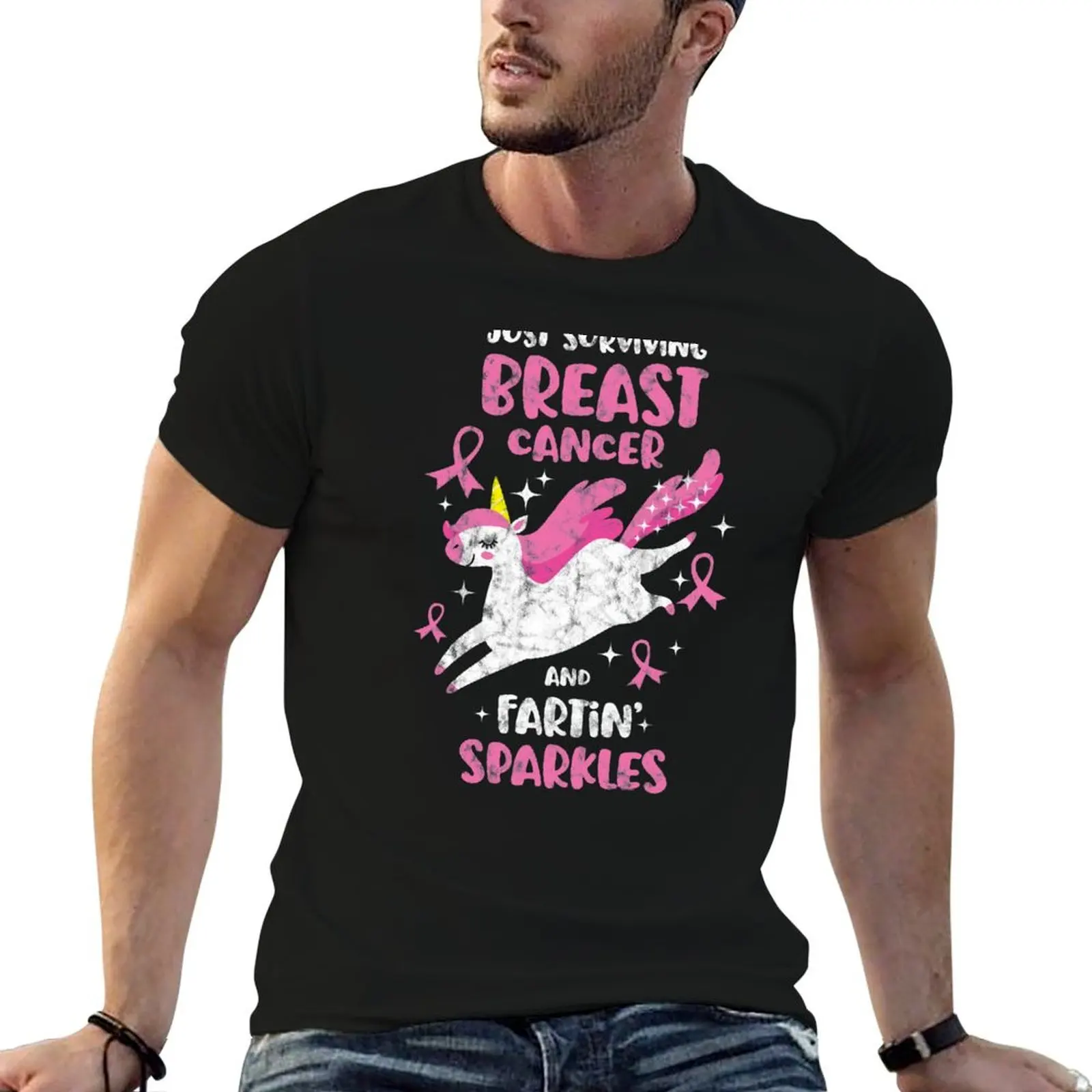 Surviving Breast Cancer Farting Sparkles Unicorn Distressed T-Shirt tops oversizeds t shirt men