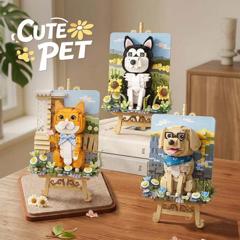 Idea Loz Animals Mini Diamond Building Block Pets Husky Golden Retriever Dog Cat Construction Brick 3D Easel Toy For Gifts