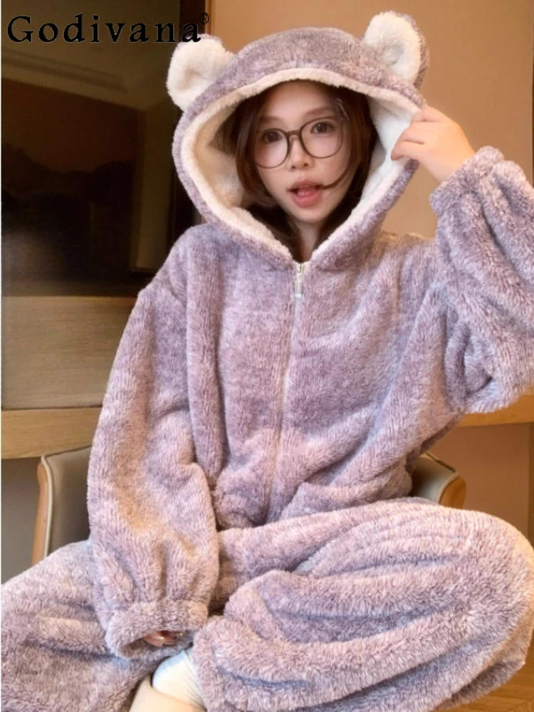 

Large Size Cute Warm Comfortable Loose Coral Fleece One-piece Pajamas Women New Thickened Autumn Winter Sweet Hooded Loungewear