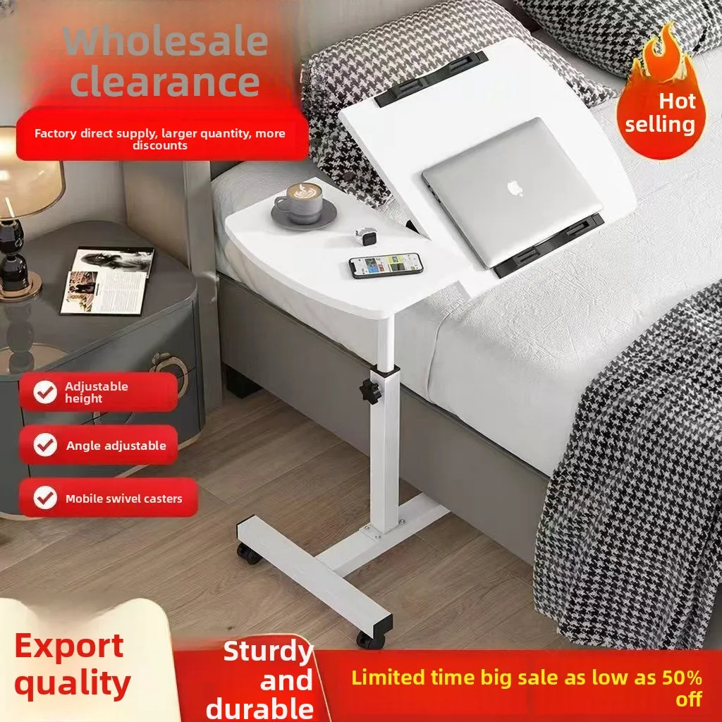 Height Adjustable Rolling Laptop Side Table Degree Rotating Rectangular Engineered Wood Top Thickened Steel Frame Mobile Bedside