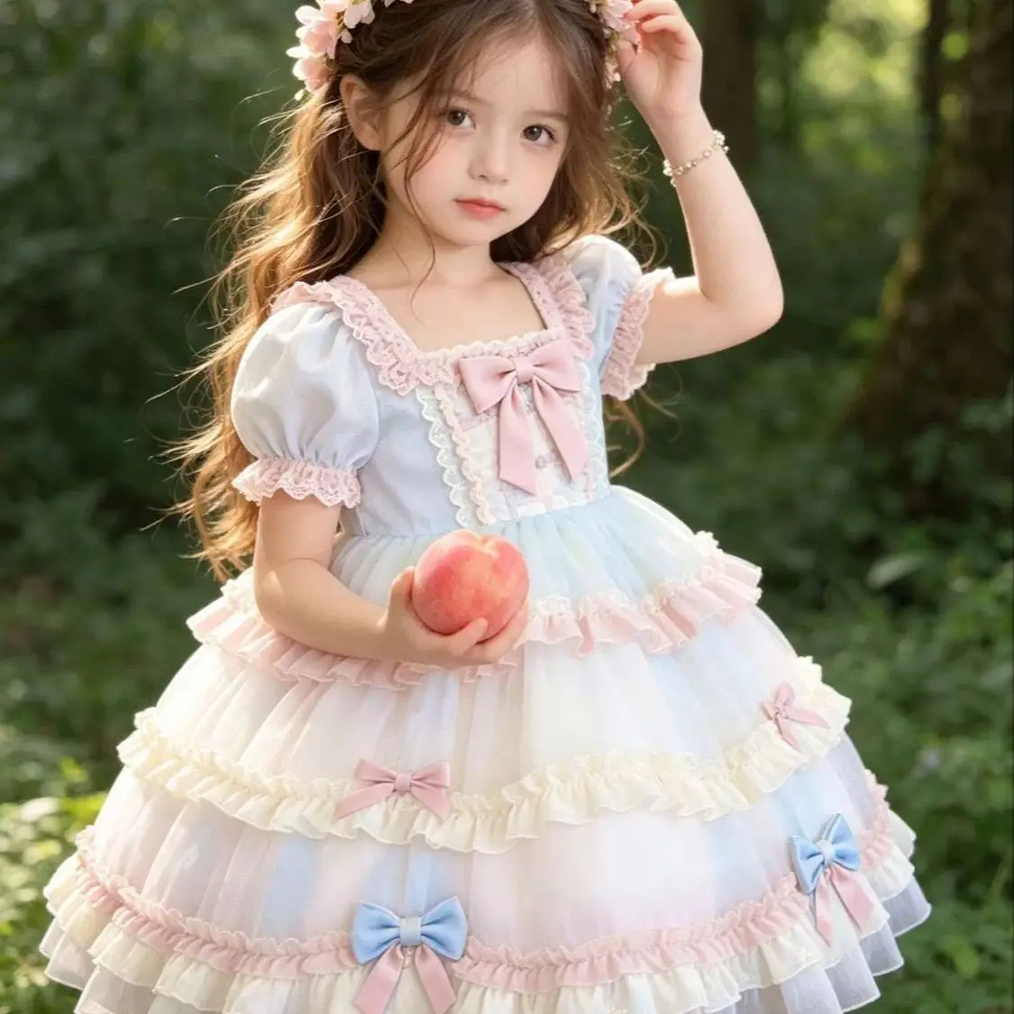 New Girls Lolita Princess Dress Summer Bow Tulle Cake Layer Gown Kids Sweet Fashion Party Dress