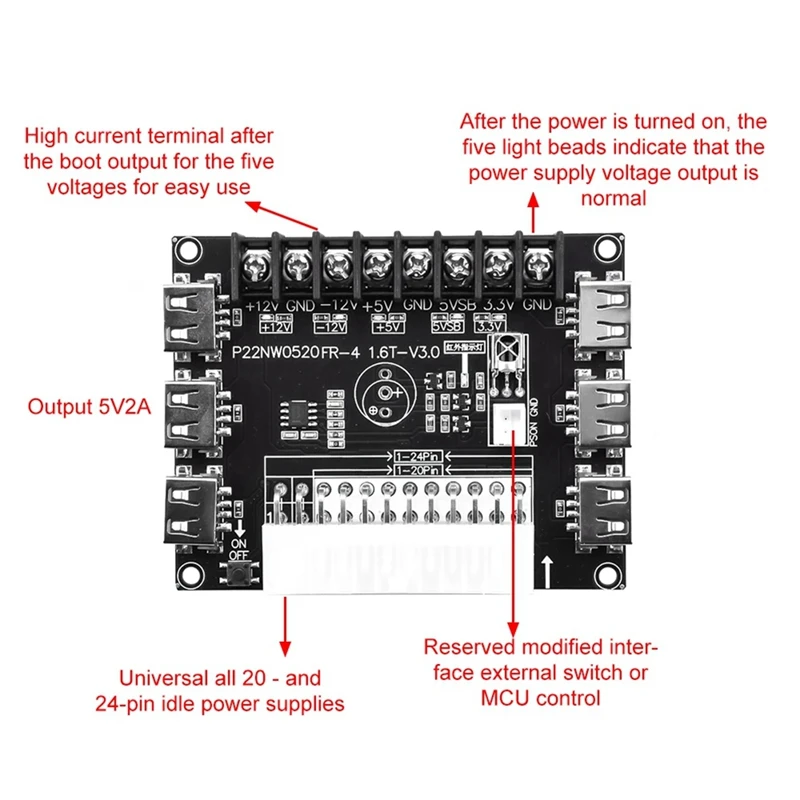 Adaptador de módulo de placa de fuga de fonte de alimentação atx de 24 pinos/20 pinos suporte 12v-12v 5v 5vsb 3.3v com estojo
