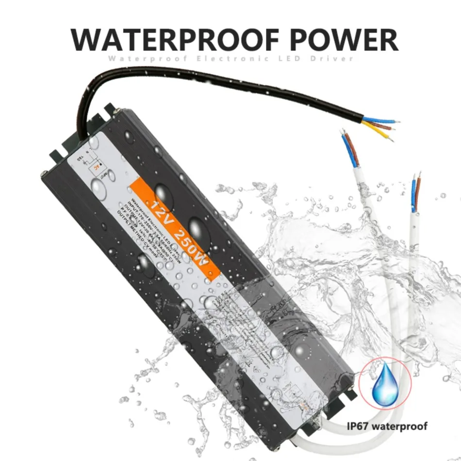 Waterproof Electronic LED Driven Lighting Transformer 170-250V AC to DC 12V 250W 20.8A Outdoor IP67 Aluminum Switch Power Supply