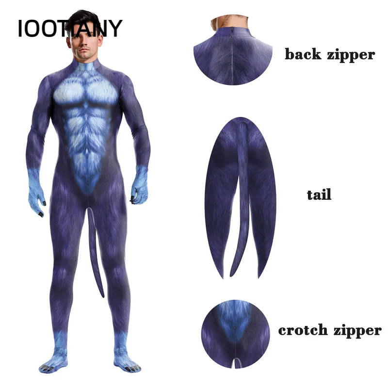 IOOTIANY Adult Full Cover Costumes 3D Printed Bodysuit with Tail Crotch Zipper Jumpsuits Catsuits Zentai Suits