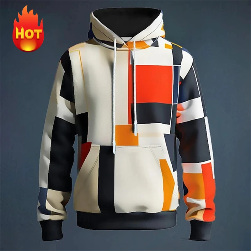 Y2K Men's Hoodie 3D Simulation Stitching Plaid Print Hooded Sweatshirts Pop Men Clothing Oversized Street New Designer Pullovers