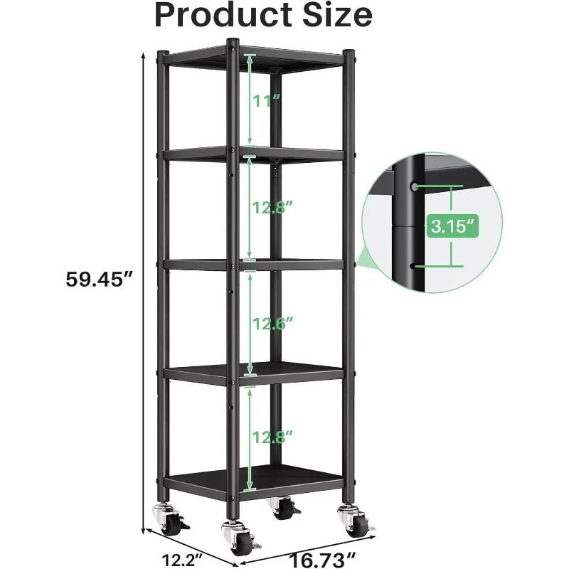 5-Tier Kitchen Storage Shelves, Adjustable Metal Shelves for Storage Pantry Shelves with Rolling Wheels, Storage