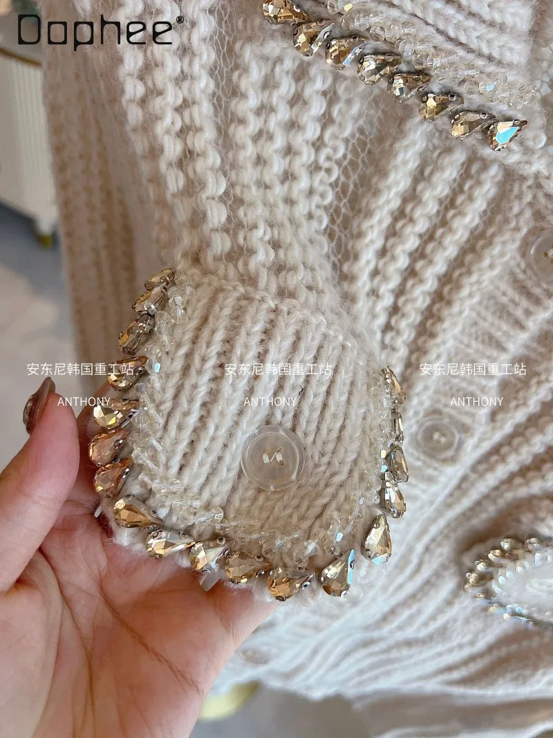 الموهير الماس رصع سترة المرأة الخريف الشتاء موضة جديدة فضفاضة البلوز واحدة الصدر عادية محبوك اقتصاص سترة