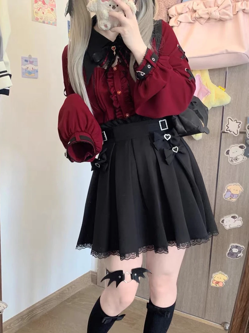 다크 할로윈 스윗 쿨 배트 레이스 칼라 레드 블랙 반팔 셔츠 탑 여성 패션 로리타 스타일 슬림핏 버블 소매