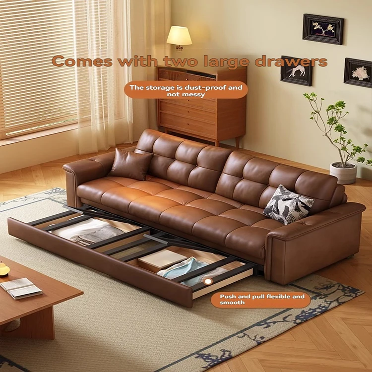 Space-saving modern sofa bed with foldable design & scratch-resistant leather for small living rooms or studios