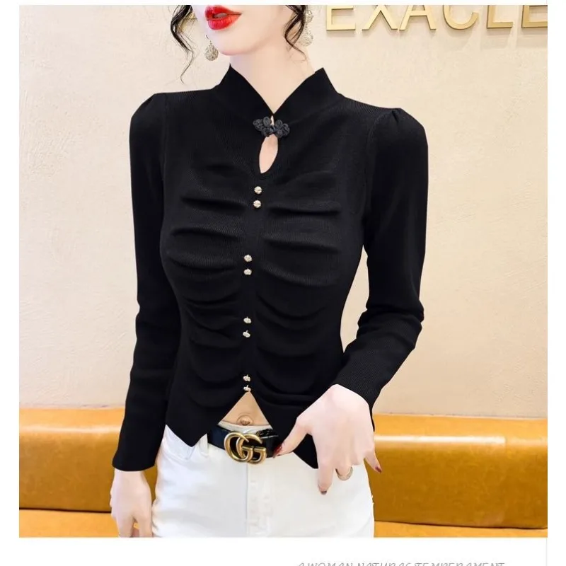 New Pleated Sweater and Sweater for Women Wearing Fashionable Stand Collar and Long Sleeves for Inner Slim Body