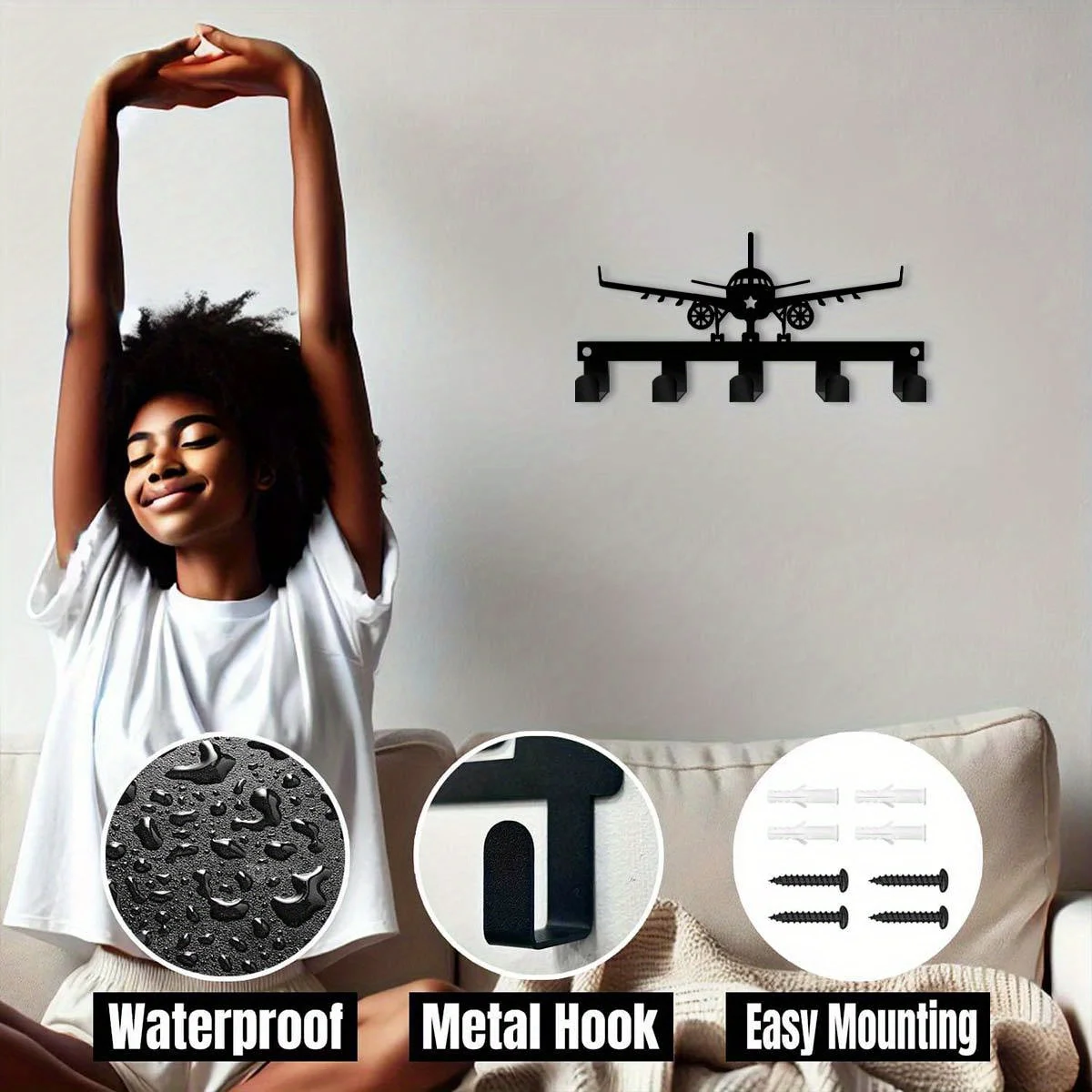 CIFBUY Airplane Metal Wall Art Key Holder Waterproof Durable Iron Craft Decor For Entryway Office Kitchen Porch Home Interior