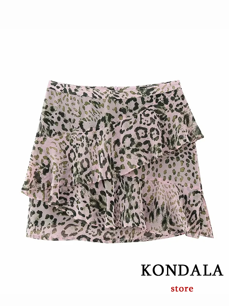 KONDALA Vintage Leopard Chic Women Holiday Suits Long Sleeve V Neck Lace Blouse Ruffles Mini Zip Skirt Fashion 2023 Summer Sets