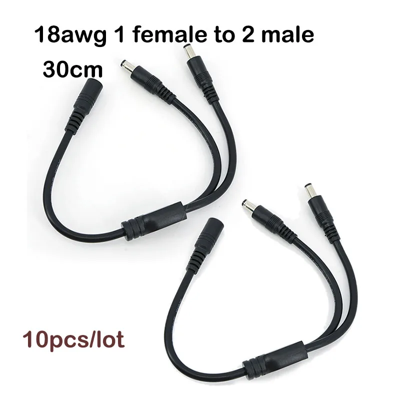 

10pcs DC 18awg 10A 0.3M 1 emale to 2 male 2 Way Splitter Connector Power Supply Adapter cable Extension cord 5.5x2.1mm