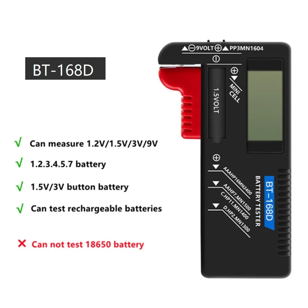 LCD Digital Battery Tester for AAA AA C D 9V 1.5V Batteries Such as R03 UM3 LR14 SP11 R20 006P 6F22 and 10440 Lithium Types