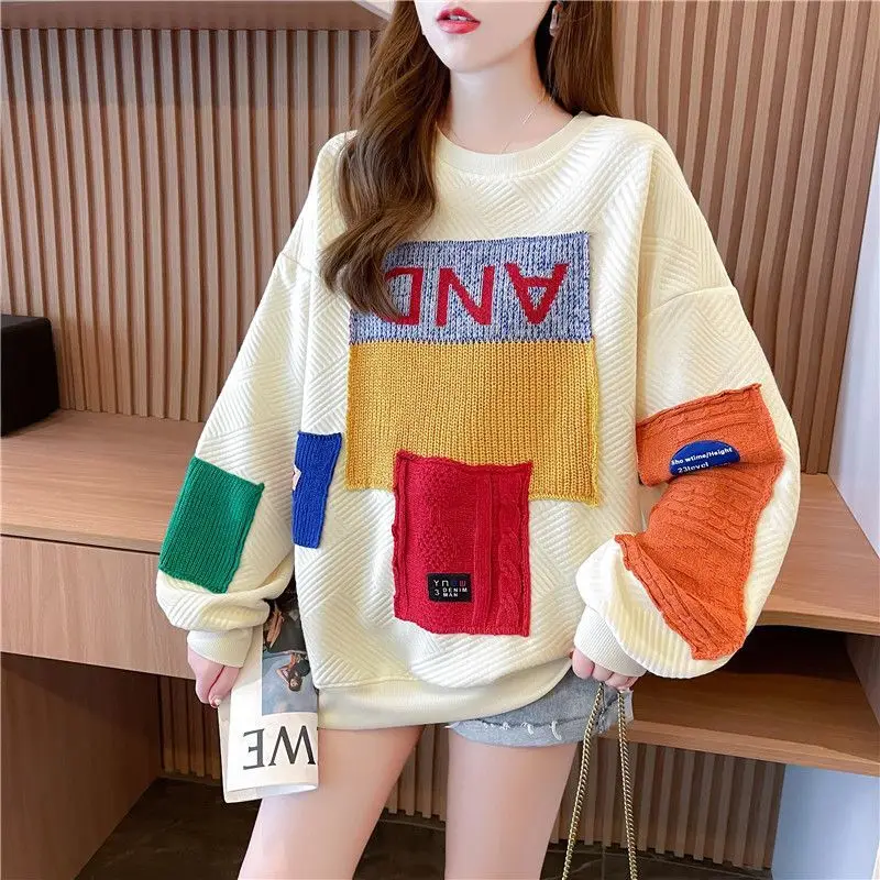 Women\'s Round Neck Hoodie Spring and Autumn Minimalist Thin Subtle Loose Patchwork Letter Print Long Sleeve Pullover Casual Tops