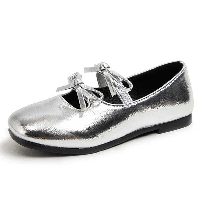 Zapatos de cuero antideslizantes de fondo suave plateado para niños, con nudo de mariposa zapatos de baile, zapatos de princesa informales para niñas, Otoño, nuevo