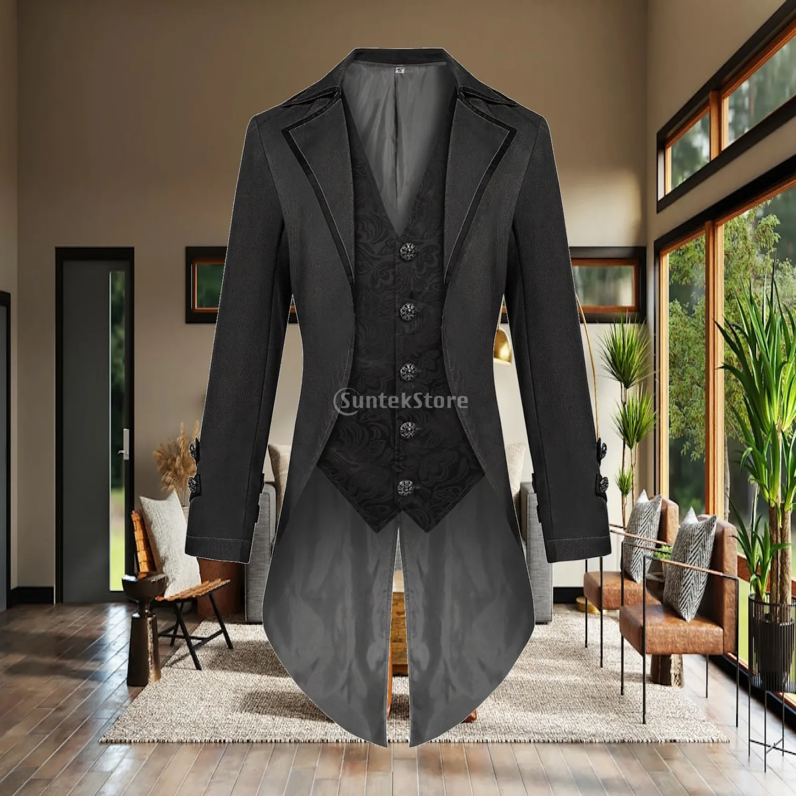 Men Gothic Tailcoat with Notched Lapels Victorian Style Stage Costume Jacket for Theatrical Performance