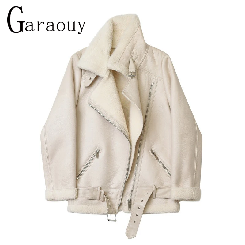 Garaouy 2023 Winter Women Zip Faux Leather Jacket Thick Warm Lamb Feather Motorcycle Rider Artificial Fur Coats Outwear Female