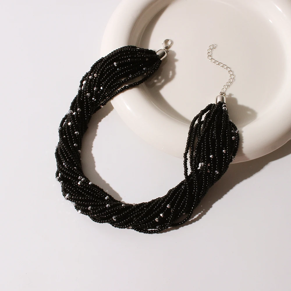 Bohemian Multi-Layer Black Millet Bead Handcrafted Beaded Necklace, Fashionable Layered Women's Collarbone Chain