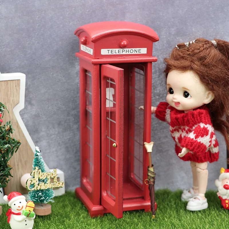 1:12 Outdoor Micro-scene Model Density Board Red Telephone Box Creative Doll House Miniature Ornament Accessories Toys Gifts