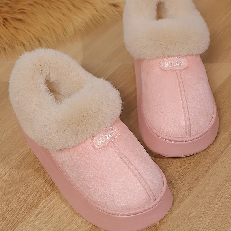 Women's Pink Platform Slippers, Beige Fluffy Collar Slip-on Closed Toe House Shoes with Label Patch