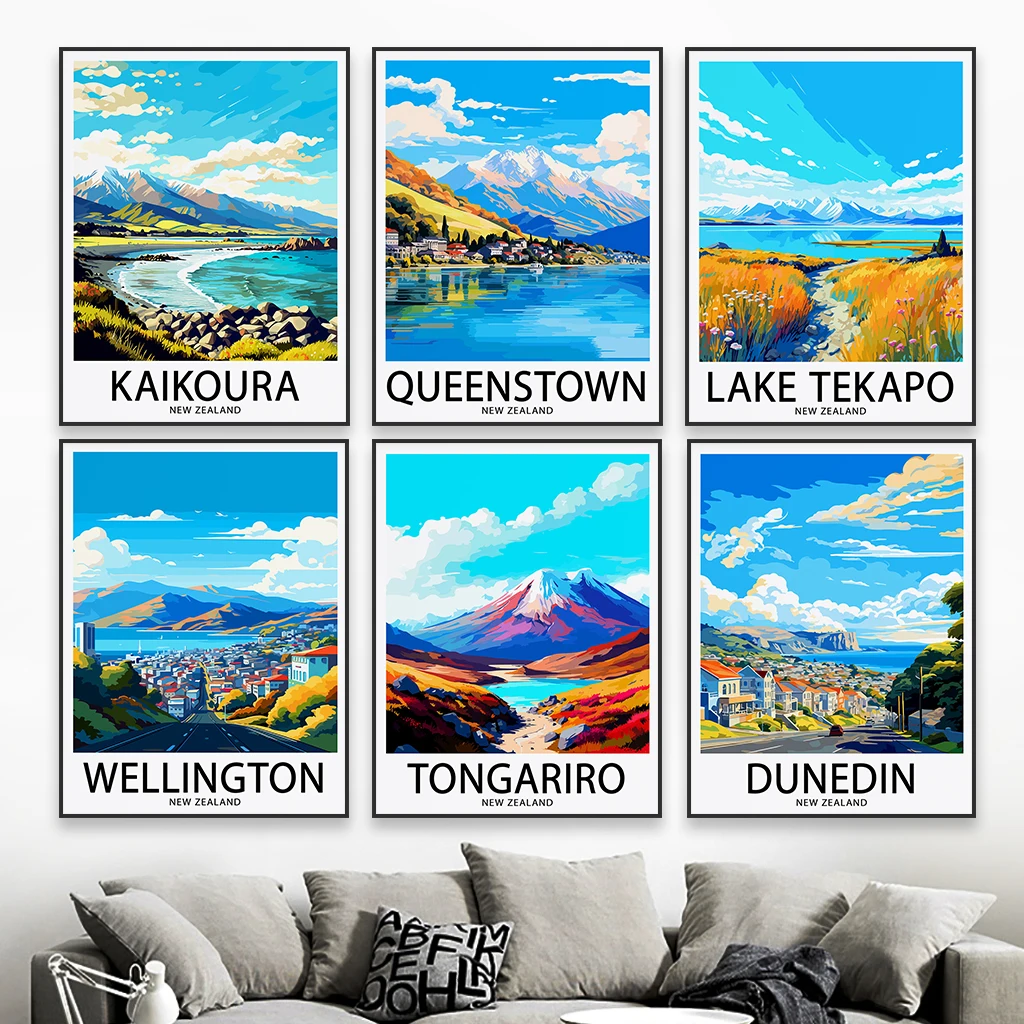 โปสเตอร์การเดินทางเมืองควีนส์ทาวน์สมัยใหม่ภาพวาดภูมิทัศน์นิวซีแลนด์และศิลปะการพิมพ์ผ้าใบสีสัน hiasan kamar บ้าน