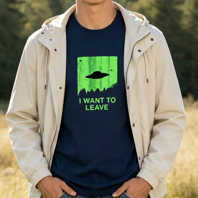 UFO Alien Graphic T-Shirt I WANT TO LEAVE Green Print Casual Cotton Streetwear Tee for Men Women Vintage Sci-Fi Short Sleeve