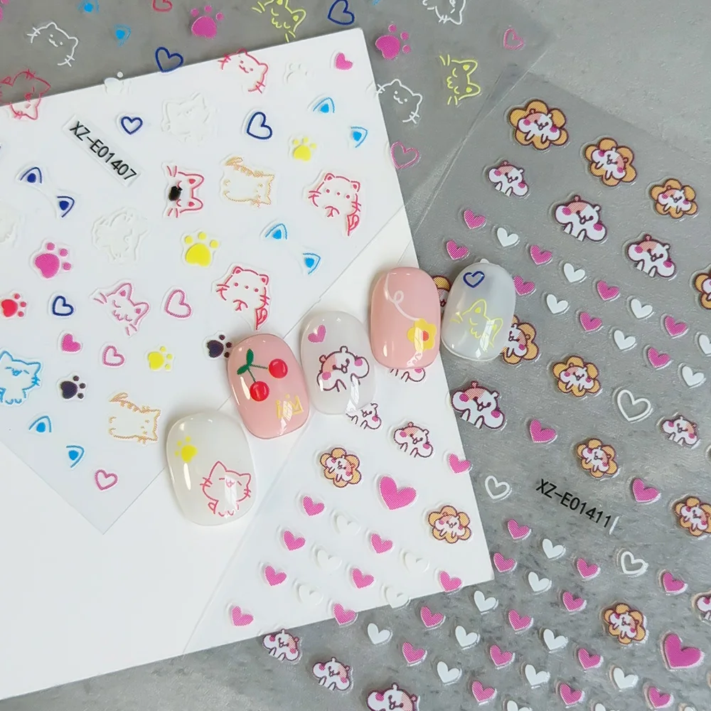 12Pcs 3D Cartoon Animal Dog Cat Graffiti Nail Sticker Lovely Rabbit Bear Rainbow/Cherry/Little Hamster Self-Adhesive Nail Slider