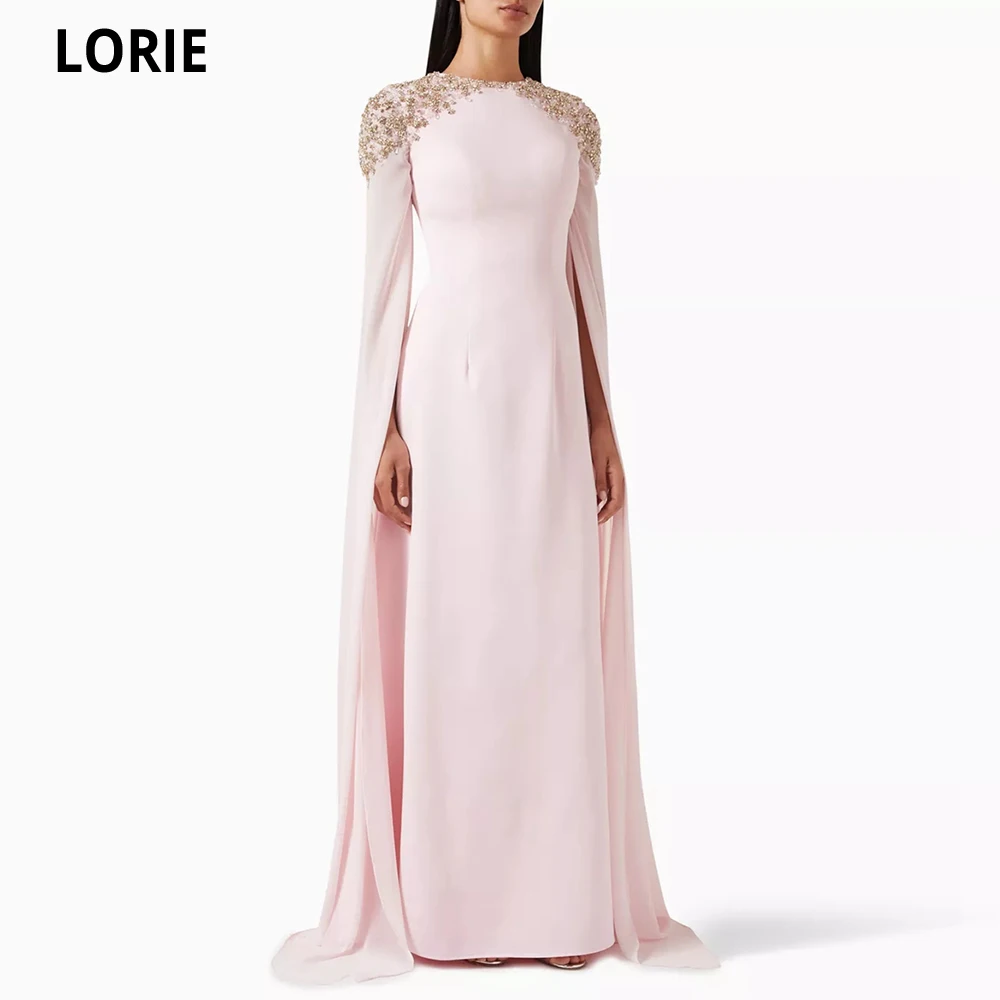 LORIE O-Neck Crystals Fashion Pink Mermaid Prom Dresses Full Cape Sleeves Arabic Evening Gowns Women Satin Formal Party Dress