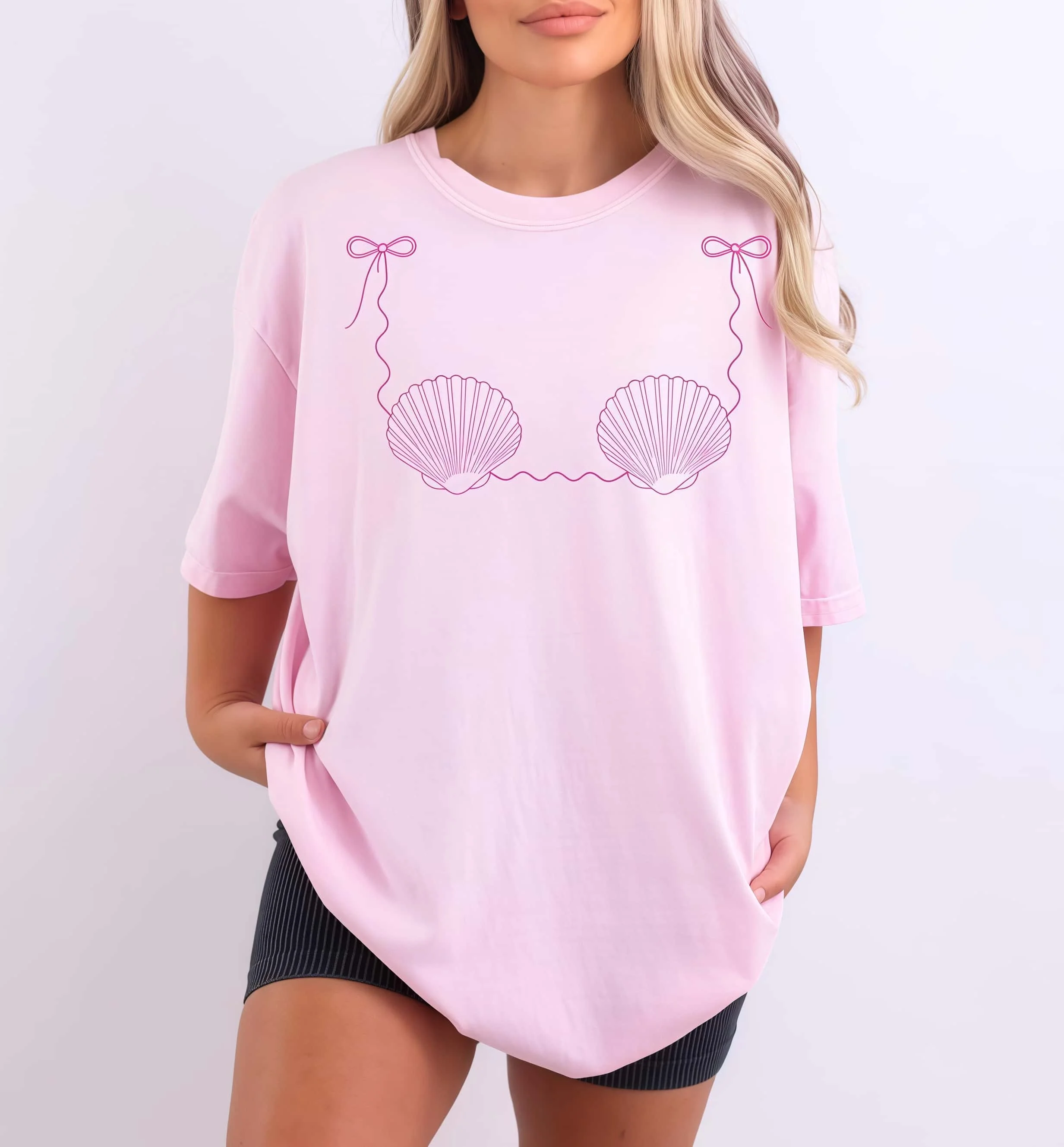 Sweet Shell Bow Simple Drawing Printed Cotton T-shirt Large Loose Seaside Vacation Funny Cover Meat Casual Short Sleeve