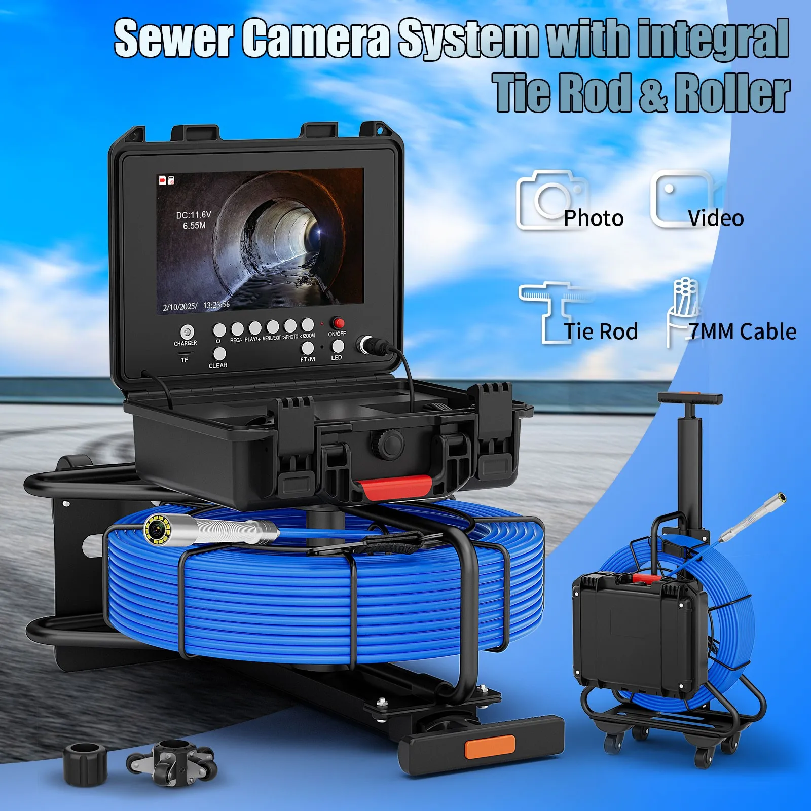 Portable Trolley Pull Rod Pipe Inspection Camera with Locator Meter Counter IP68 Drain Sewer Pipeline Video Industrial Endoscope