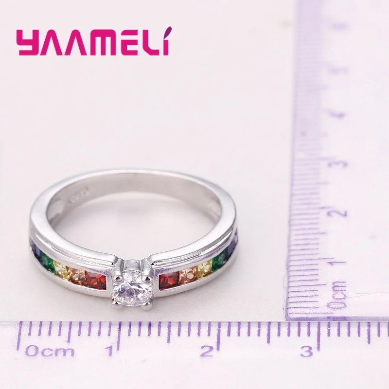 Real 100% 925 Sterling Silver Rainbow Cubic Zircon Rings For Women Wedding Lovely Engagement Proposal Ring Accessory