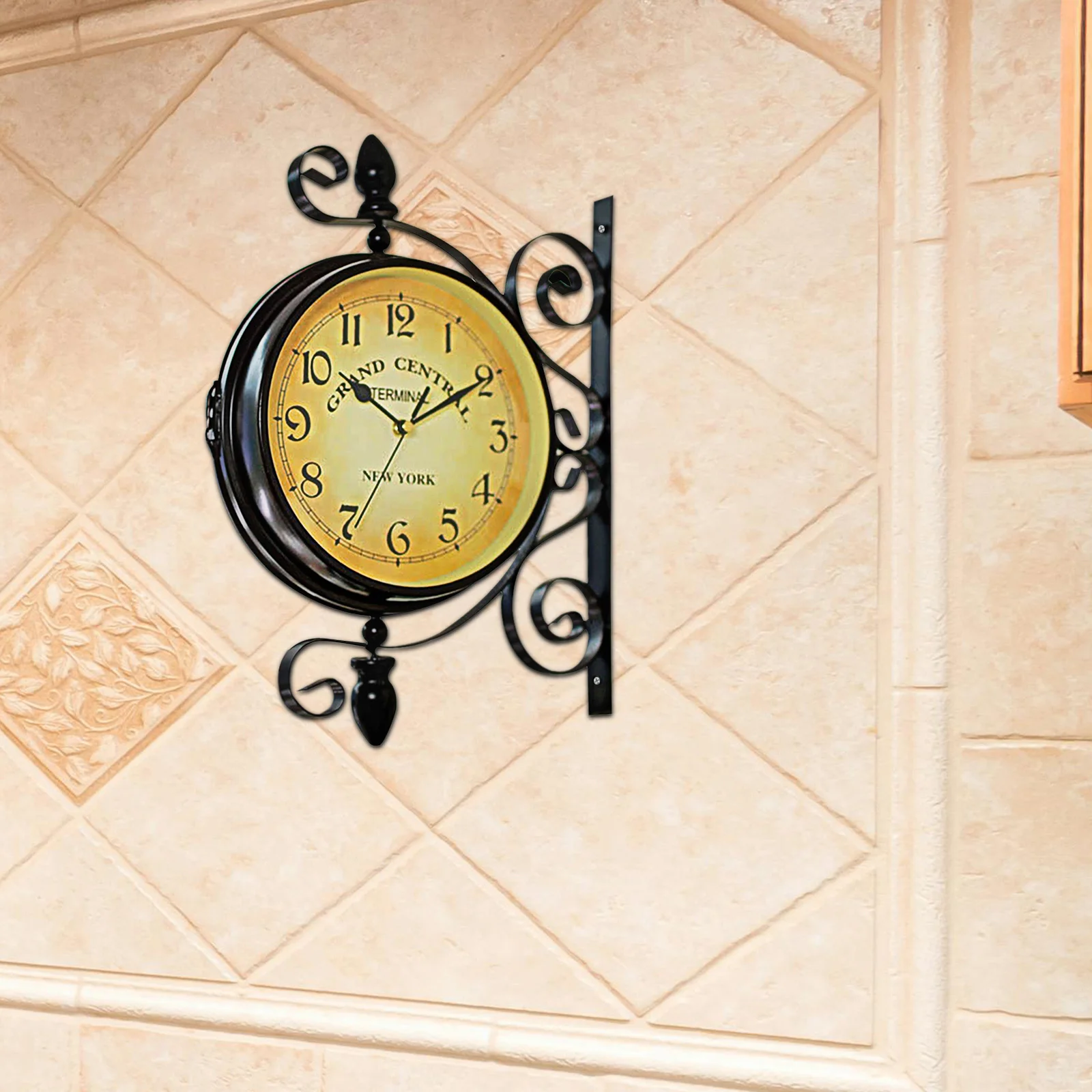 

Silent Double Sided Wall Clock Iron Frame Vintage Look 360 Rotating Mount Clock for Living Room Bedroom Lobby Corridor Decor