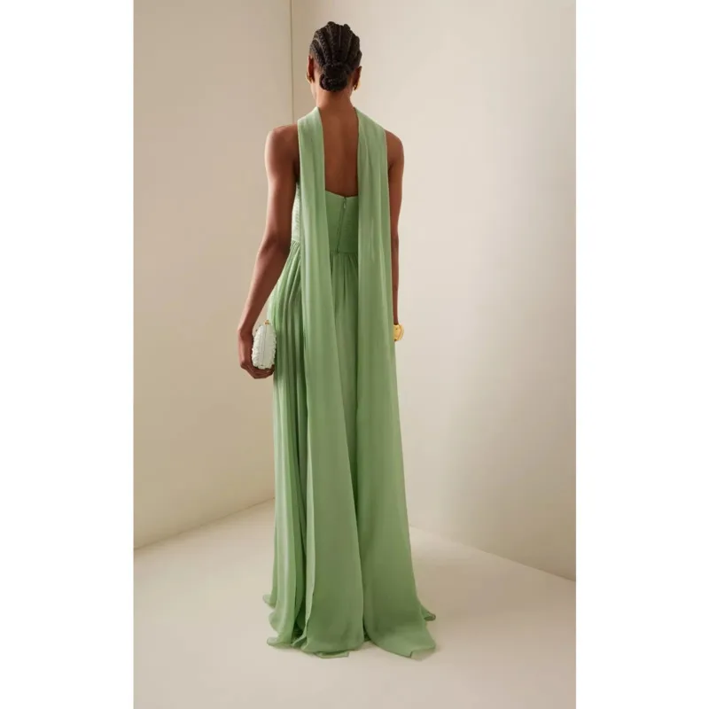 2025 Summer Elegant Strapless Evening Gown For Women Green Chiffon Hollow Out High Waist Long Dress Backless Party Outfit New
