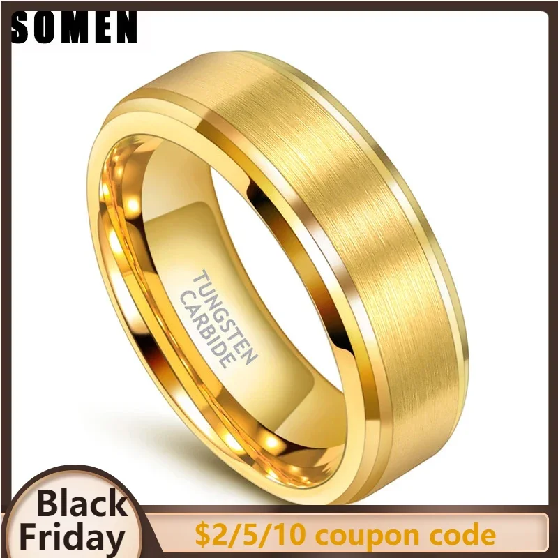 Somen New Arrival Classic Men Ring Gold Color 6mm 8mm Width Tungsten Carbide Unisex Luxury Wedding Band Simple Ring Jewelry