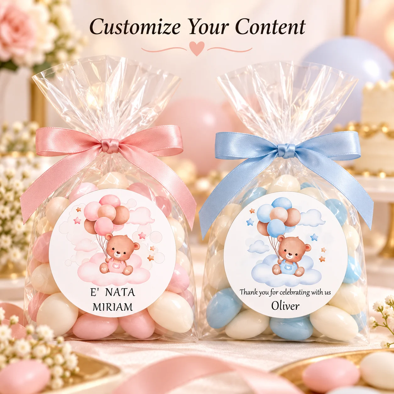 Customized Round Bear Balloon Stickers, Available in Pink and Blue with Cloud and Star Designs, Can Be Customized with Names and Messages, Suitable for Welcome Parties, Birthday Celebrations, Candy Bags, Gift Boxes, and Envelope Seals, Adding a Warm and Ceremonial Touch to Every Gesture of Kindness view 3
