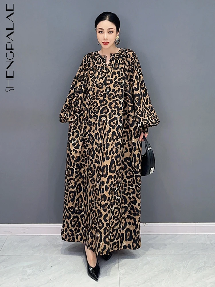 

SHENGPALAE Leopard Print Dress For Women Korean Fashion V-neck Full Sleeve Casual Loose Vestido Female Autumn 2023 New 5R5553
