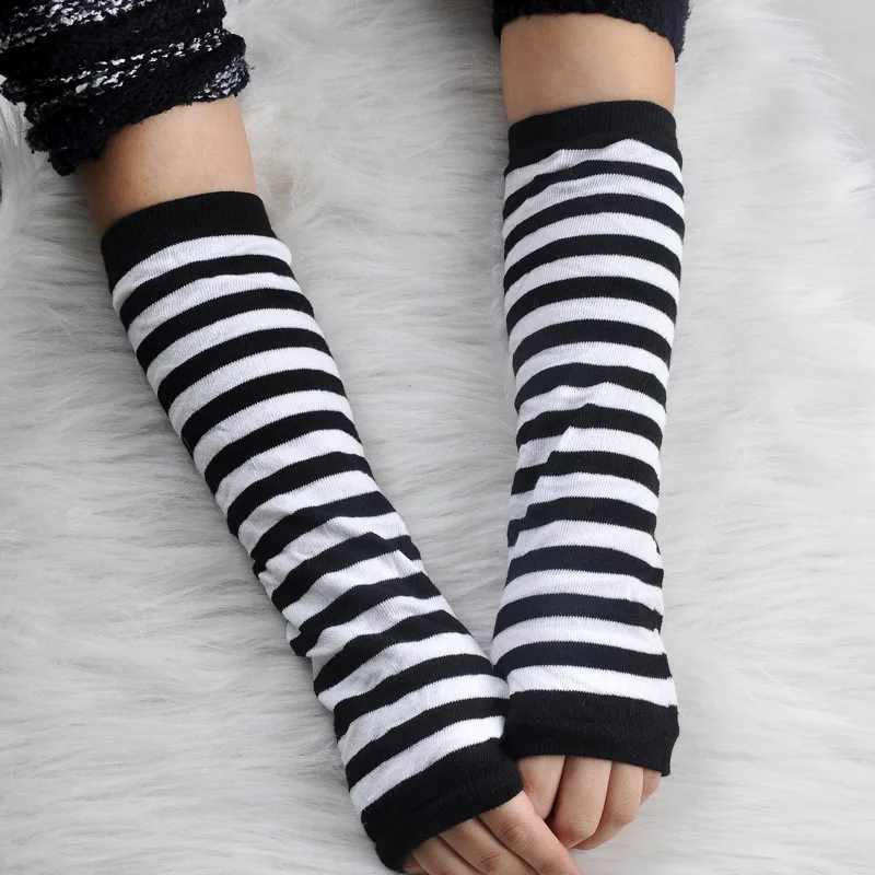 Fashion Classic Gothic Striped Knitted Long Gloves Fingerless Oversleeve for Women Female Stretch Winter Arm Warmer Gloves