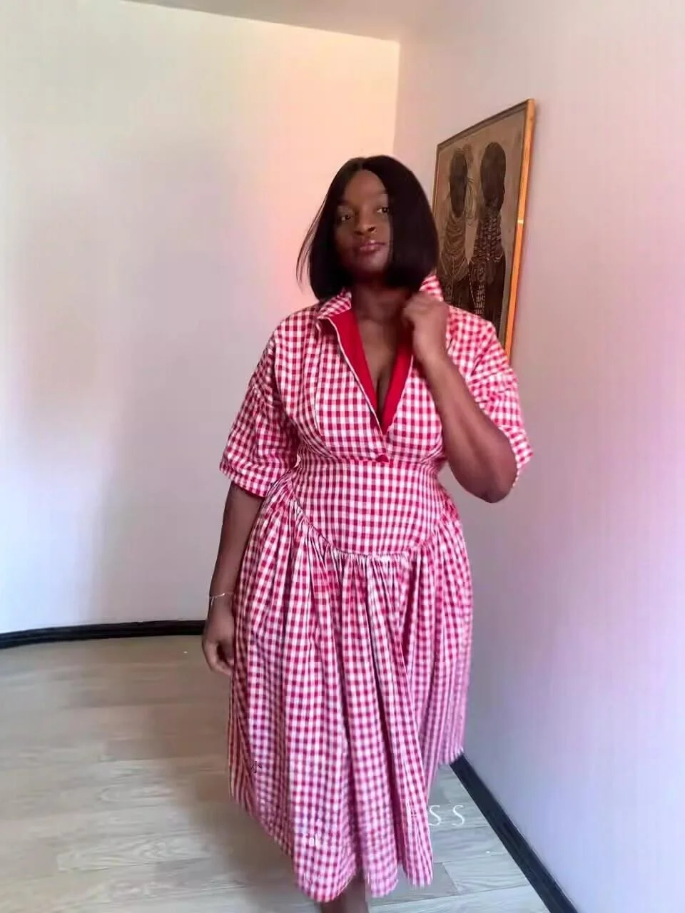 

Spring 2026 Large Size Women's Red V-Neck Waist-Cinched Maxi Dress Casual Country Style High Waist Flared Skirt Princess Dress