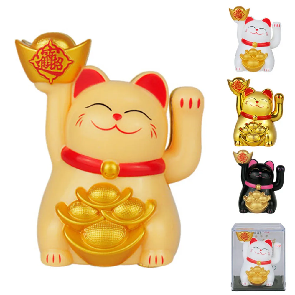 2 Inch Solar Automatic Waving Lucky Cat Car Cashier Ornament Shop Feng Shui Cat Waving Hand Beckoning Fortune Cat Decoration