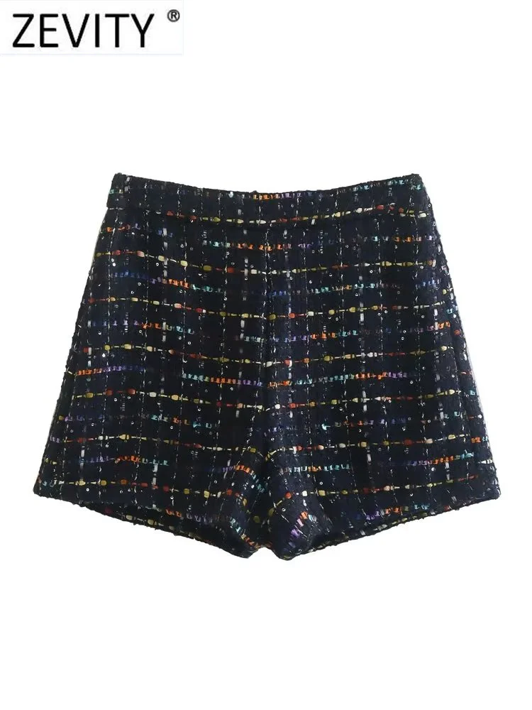 ZEVITY Women Vintage Colorful Line Tweed Woolen High Waist Slim Shorts Office Lady Side Zipper Chic Retro Pantalone Cortos P2983