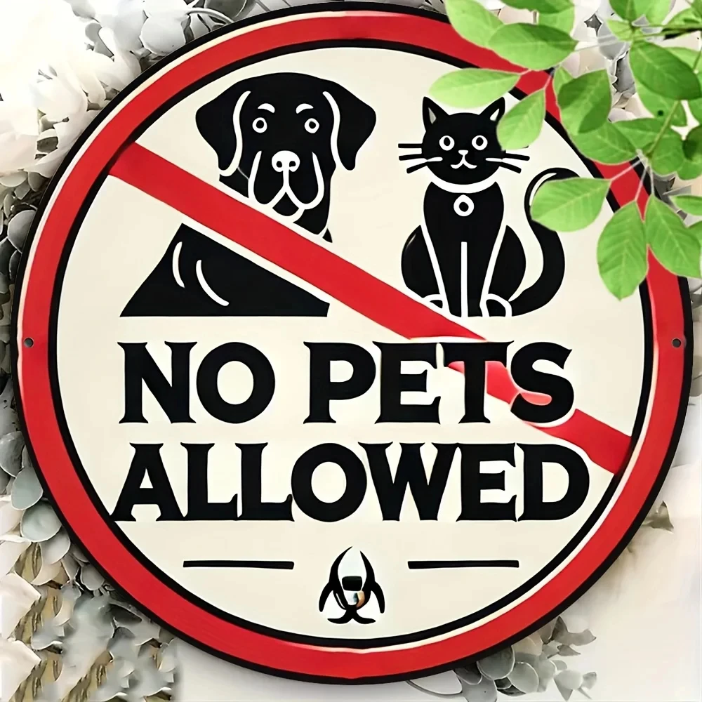 Letrero redondo de aluminio con la inscripción "Prohibido: No se admiten mascotas", letrero decorativo para interiores y exteriores con siluetas de perros y gatos, borde rojo, perfecto para uso doméstico