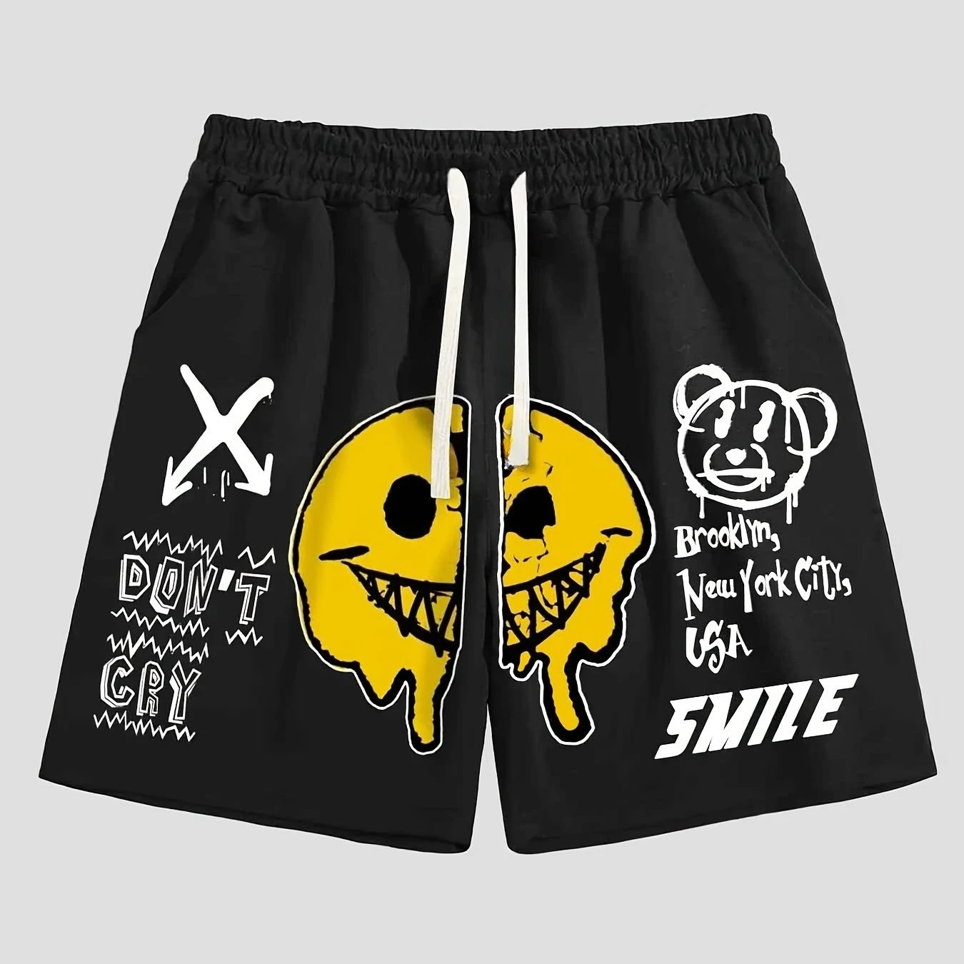 

Men's Shorts, Featuring A Joyful Face and Letter Pattern, with A Belt and Pockets, Summer Street Fashion Shorts