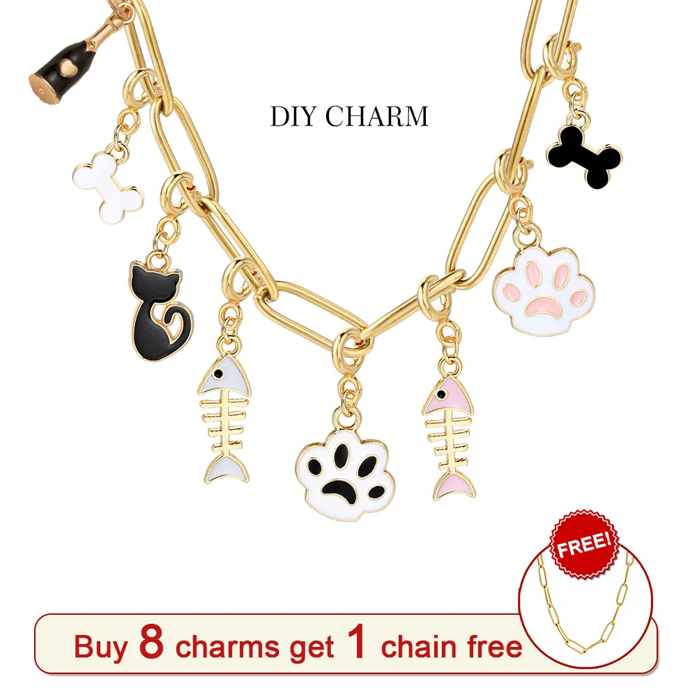 Ins Y2k Cat Charm For Women Cute Fish Bone Pink Blue Cute Stainless Steel DIY Making Necklace Jewely Handmade Gift Accessories