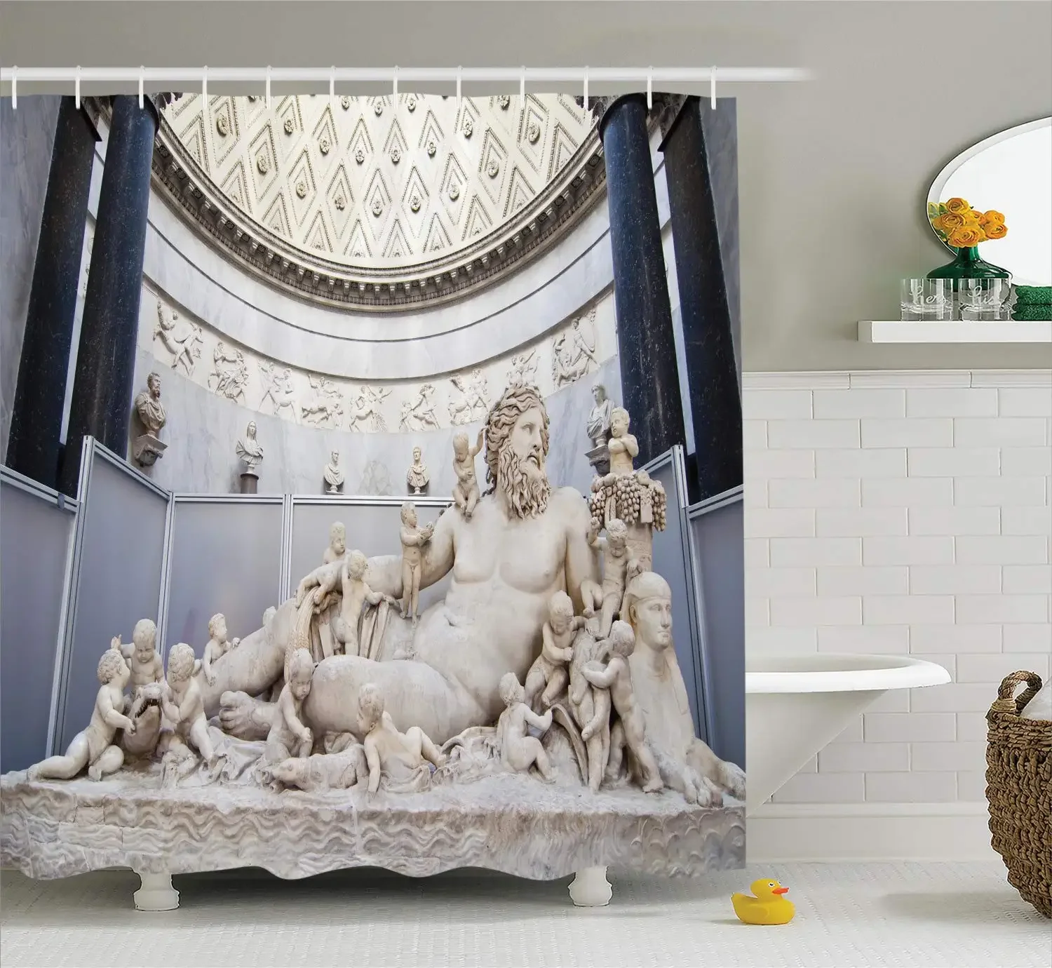 Artsy Off White Figure with Grey Toned Background, Polyester Fabric Bathroom Shower Curtain Ivory Grey