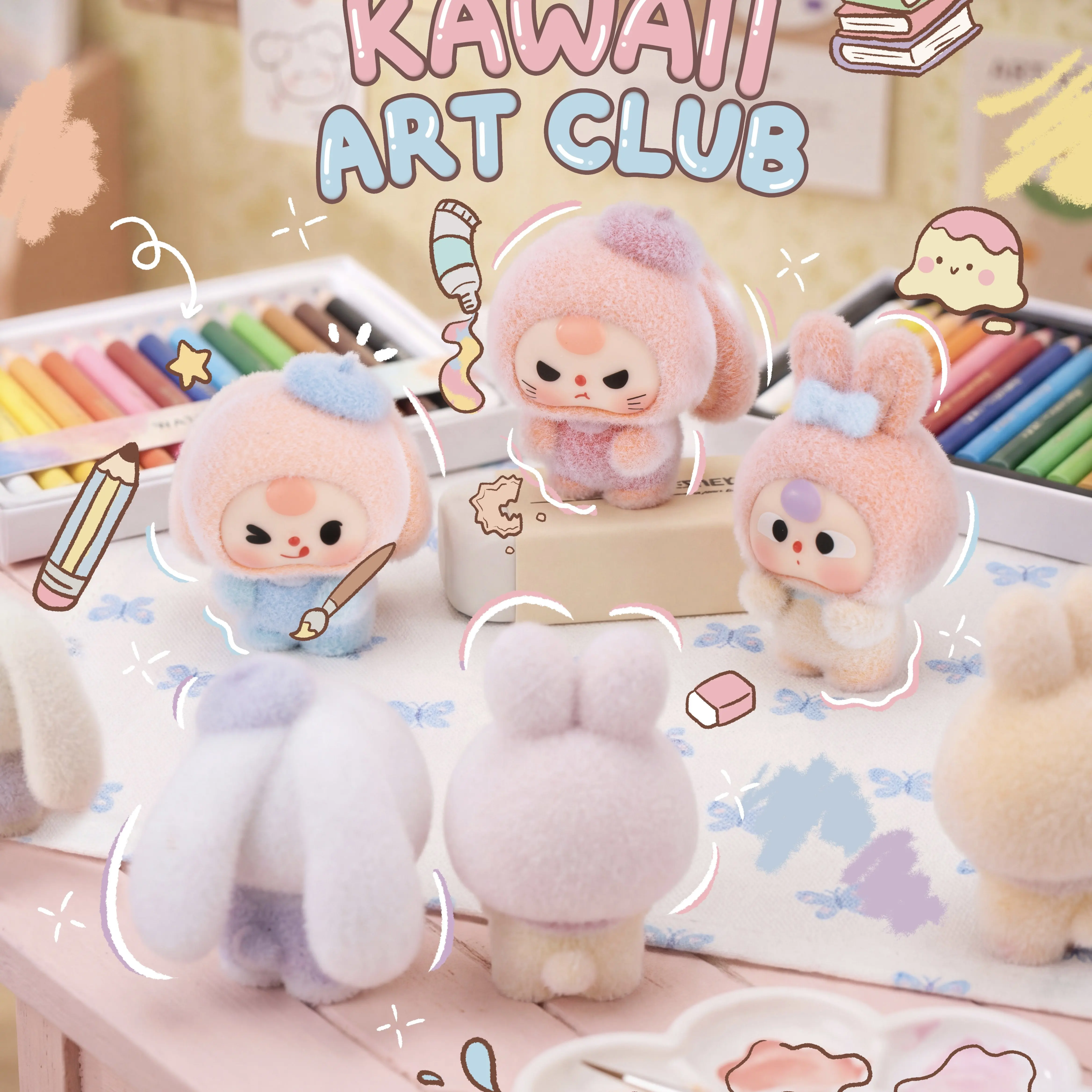 

New Baby Three Flocked Bunny Town Blind Box Cute Fluffy Mini Figurines Desktop Decoration Model Birthday Gift